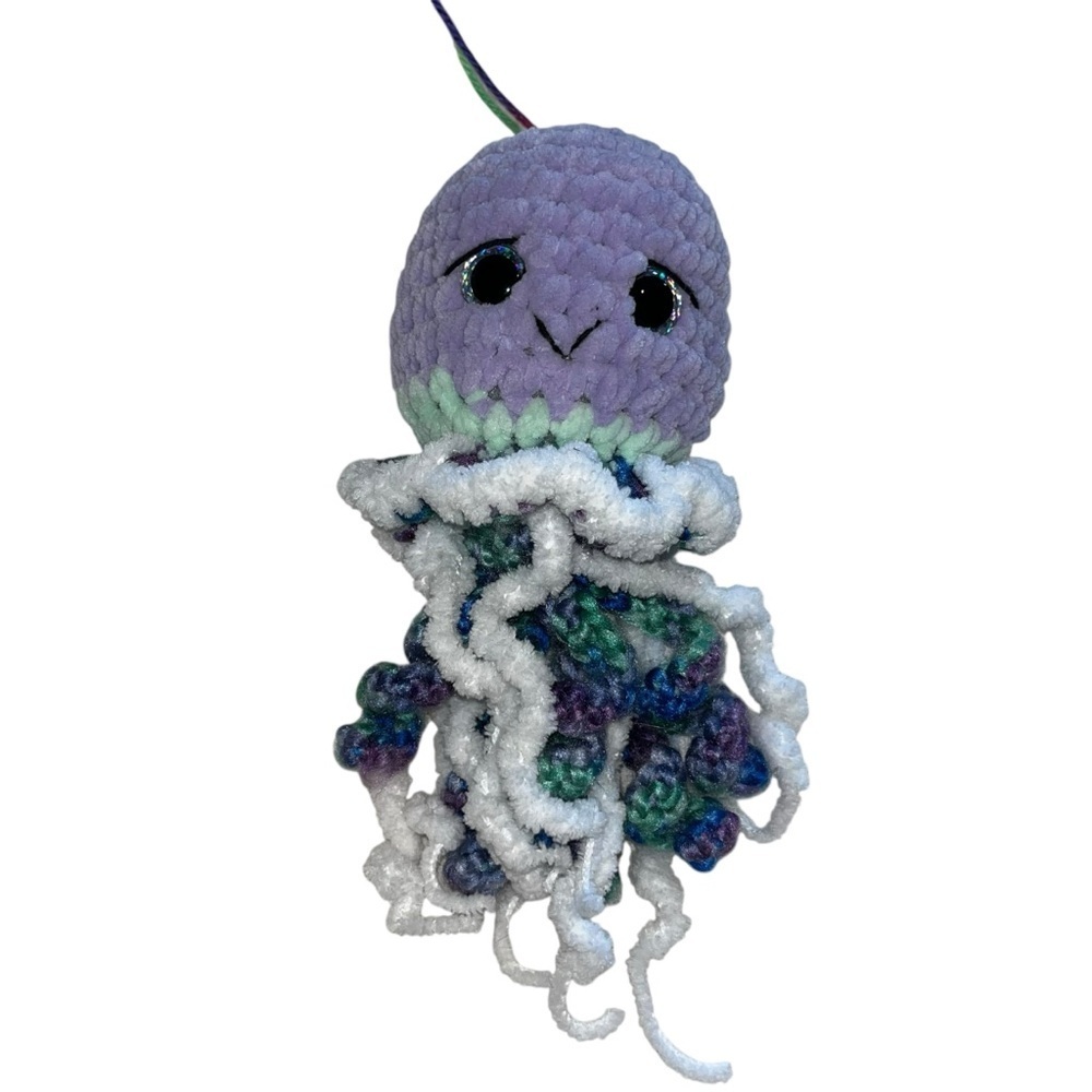 Knit crochet handcrafted purple blue white happy joyful jellyfish plush toy 6”